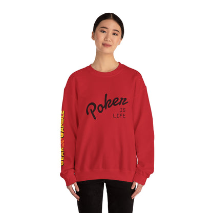 Crewneck Sweatshirt - 'Poker Is Life' Graphic with Sleeve 'Clear to Gamble' Accent