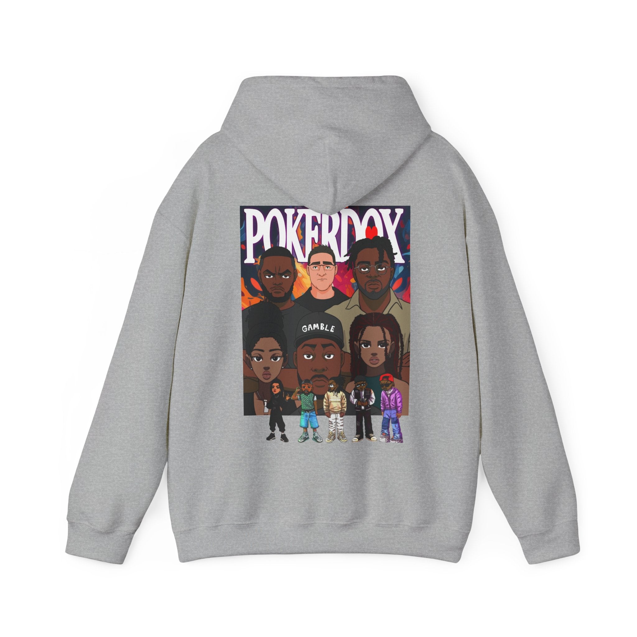 Pokerdox Crew Hoodie – Urban Graphic Hoodie Featuring Pokerdox Logo & Character Collage