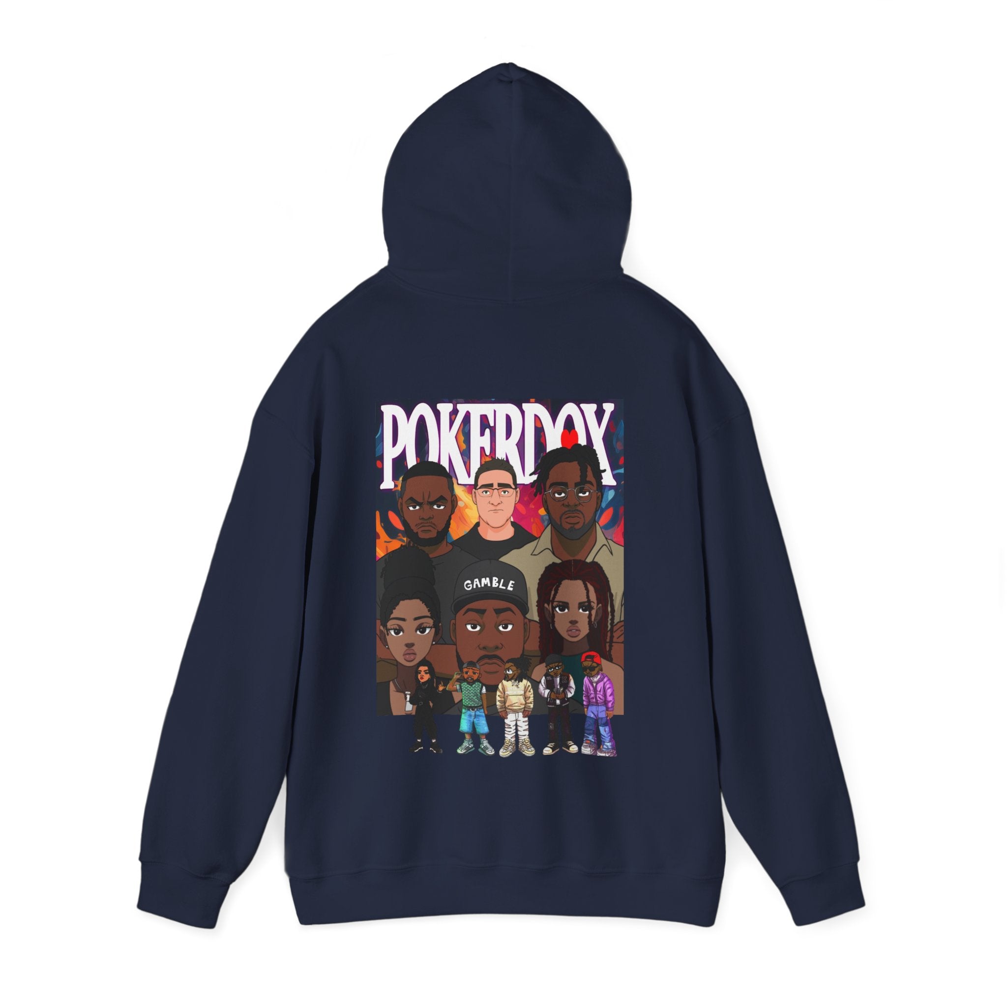 Pokerdox Crew Hoodie – Urban Graphic Hoodie Featuring Pokerdox Logo & Character Collage