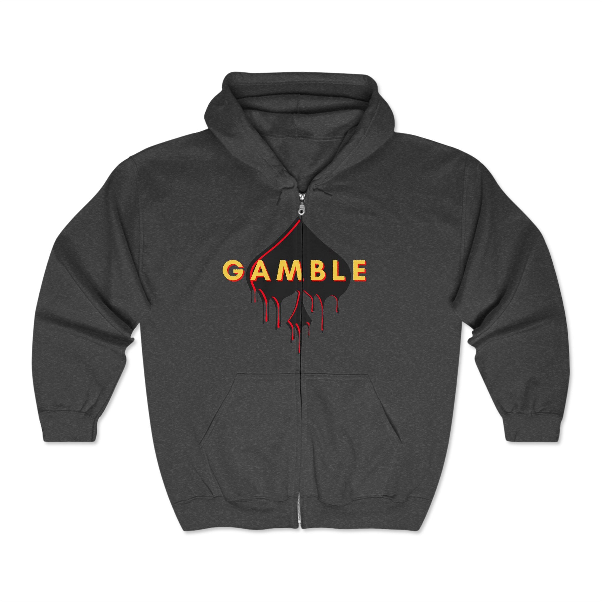 Black poker zip-up hoodie with embroidered chest detail, crafted from a cotton-poly blend for comfort and durability. Ideal poker apparel for grinders, tournament players, and dedicated poker fans.