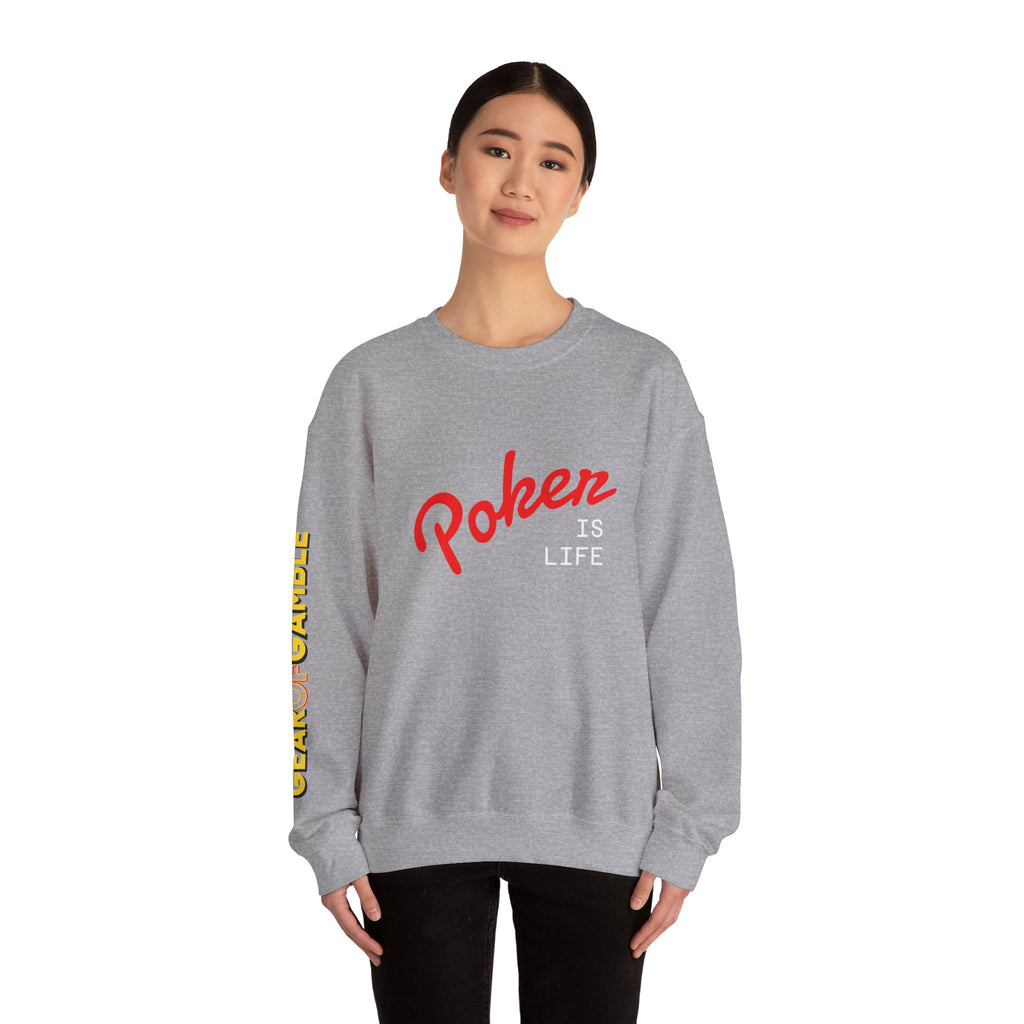 Dark Crewneck Sweatshirt - 'Poker Is Life' Graphic with Sleeve 'Clear to Gamble' Accent