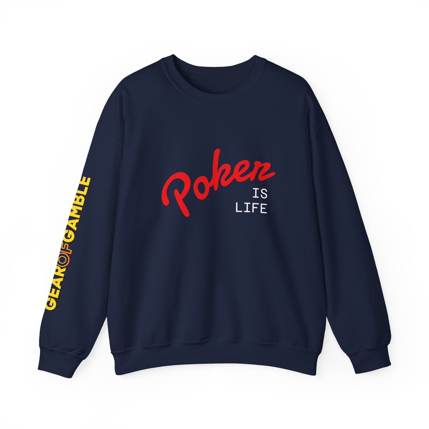 Dark Crewneck Sweatshirt - 'Poker Is Life' Graphic with Sleeve 'Clear to Gamble' Accent