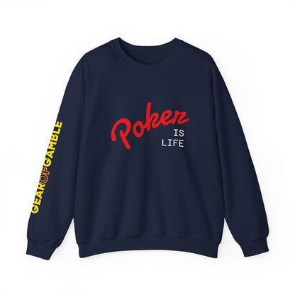 Dark Crewneck Sweatshirt - 'Poker Is Life' Graphic with Sleeve 'Clear to Gamble' Accent