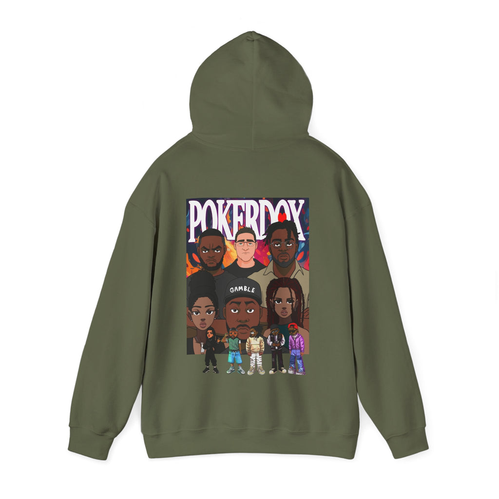 Pokerdox Crew Hoodie – Urban Graphic Hoodie Featuring Pokerdox Logo & Character Collage