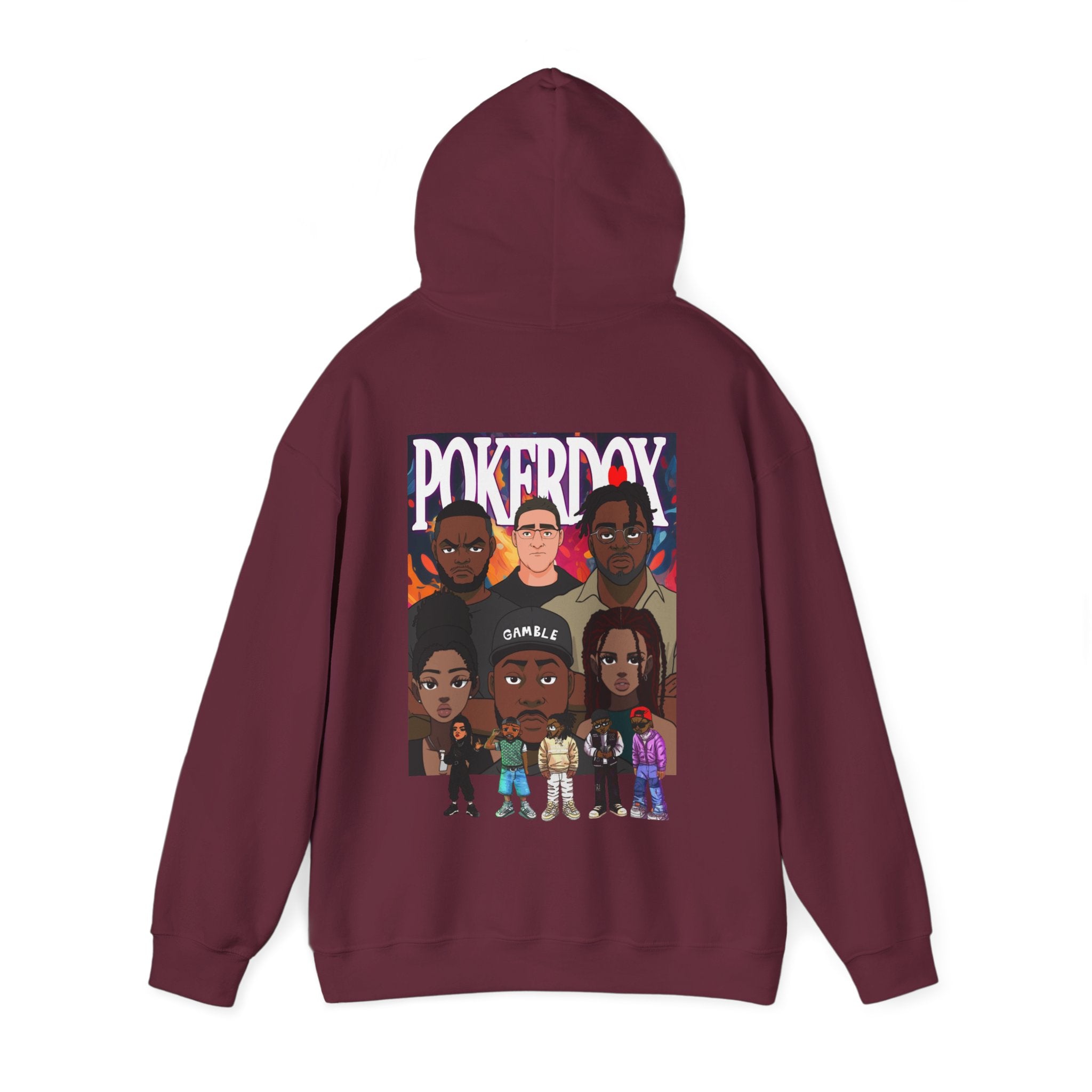 Pokerdox Crew Hoodie – Urban Graphic Hoodie Featuring Pokerdox Logo & Character Collage
