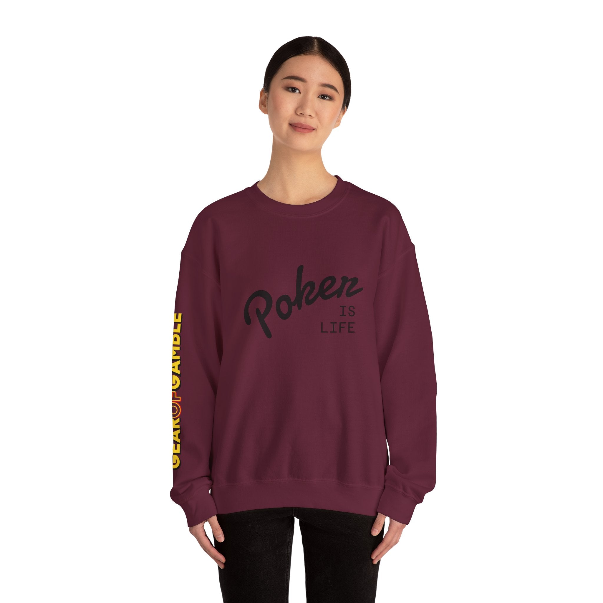 Crewneck Sweatshirt - 'Poker Is Life' Graphic with Sleeve 'Clear to Gamble' Accent