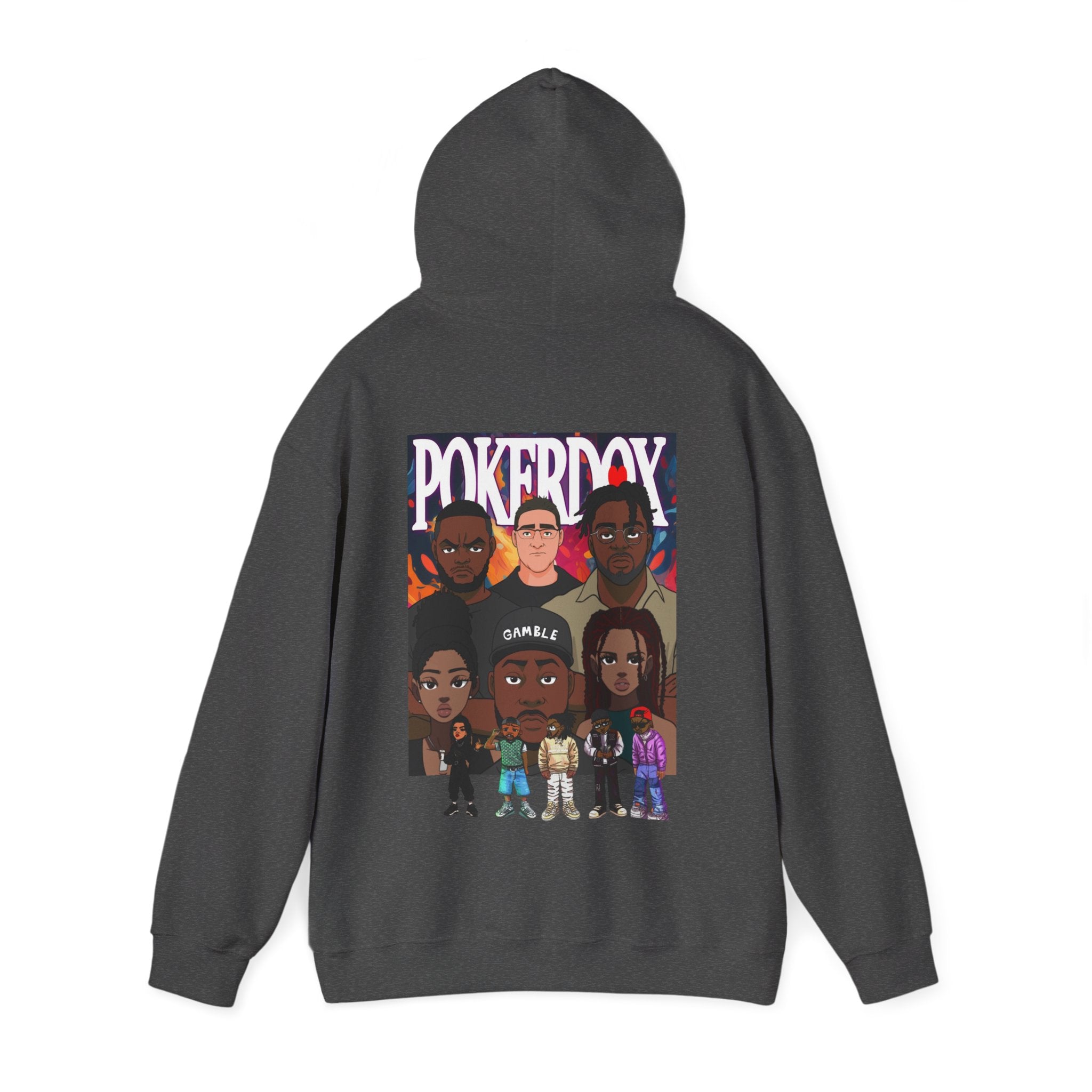 Pokerdox Crew Hoodie – Urban Graphic Hoodie Featuring Pokerdox Logo & Character Collage