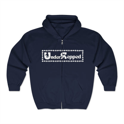 Front of premium blue poker zip up jacket with a relaxed fit, featuring a bold ‘UnderRepped’ design – crafted from soft cotton blend for comfort during long poker sessions. A must-have for poker players, card sharks, and gambling enthusiasts looking for stylish, high-quality poker apparel.