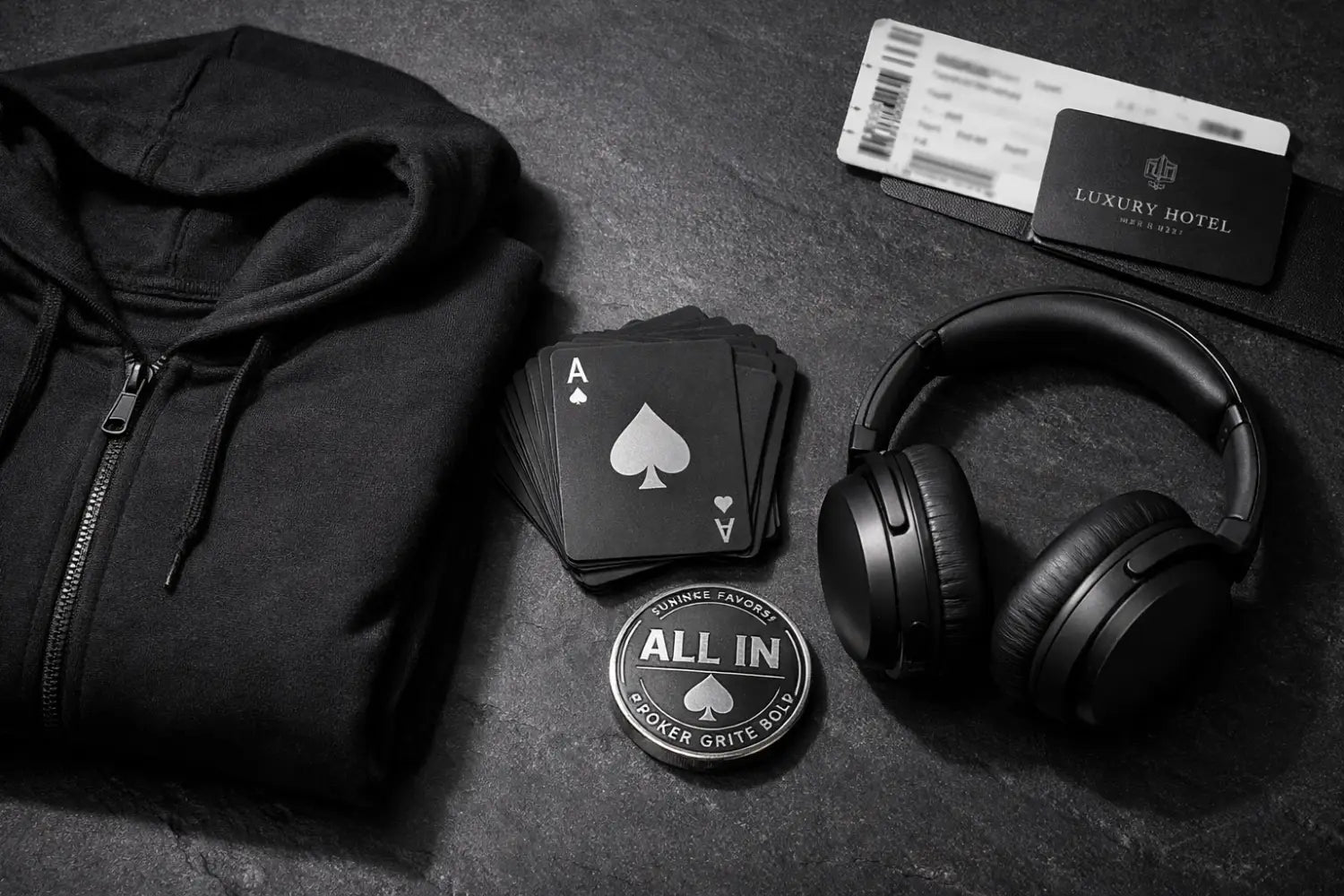 Essential poker clothing and gambling streetwear flat lay for professional card players