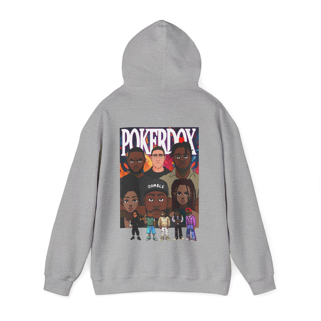 Pokerdox Crew Hoodie – Urban Graphic Hoodie Featuring Pokerdox Logo & Character Collage