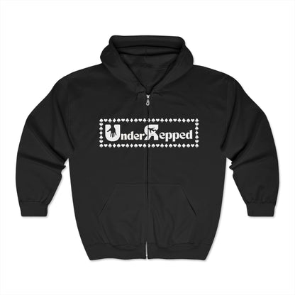 Front of premium black poker Zip up jacketwith a relaxed fit, featuring a bold ‘UnderRepped’ design – crafted from soft cotton blend for comfort during long poker sessions. A must-have for poker players, card sharks, and gambling enthusiasts looking for stylish, high-quality poker apparel.