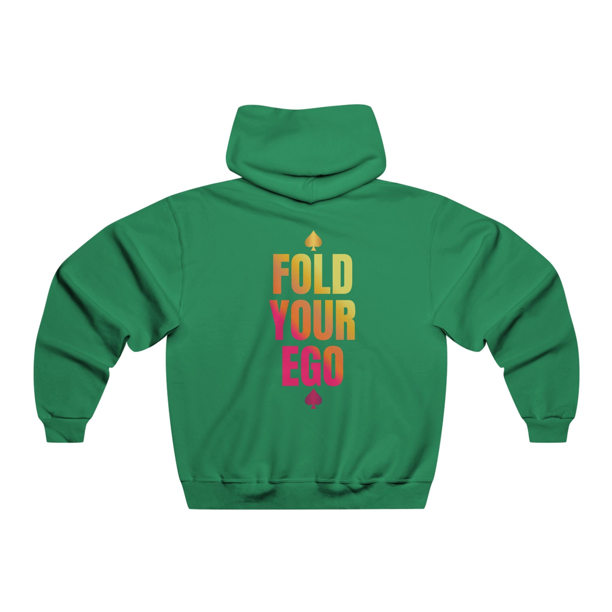 Green poker hoodie featuring bold “fold Your Ego” design. Made from a soft, durable fabric with an adjustable hood and spacious front pockets. Perfect poker apparel for tournament players, cash game grinders, and casual poker enthusiasts looking to showcase their love for the game.