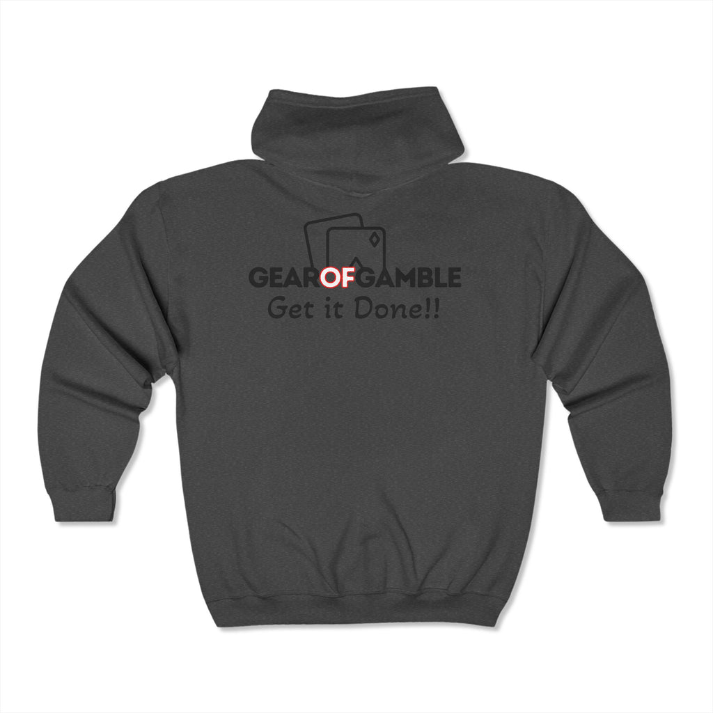 Back of Black poker zip-up hoodie say s "Gear Of Gamble Get It Done", crafted from a cotton-poly blend for comfort and durability. Ideal poker apparel for grinders, tournament players, and dedicated poker fans. 