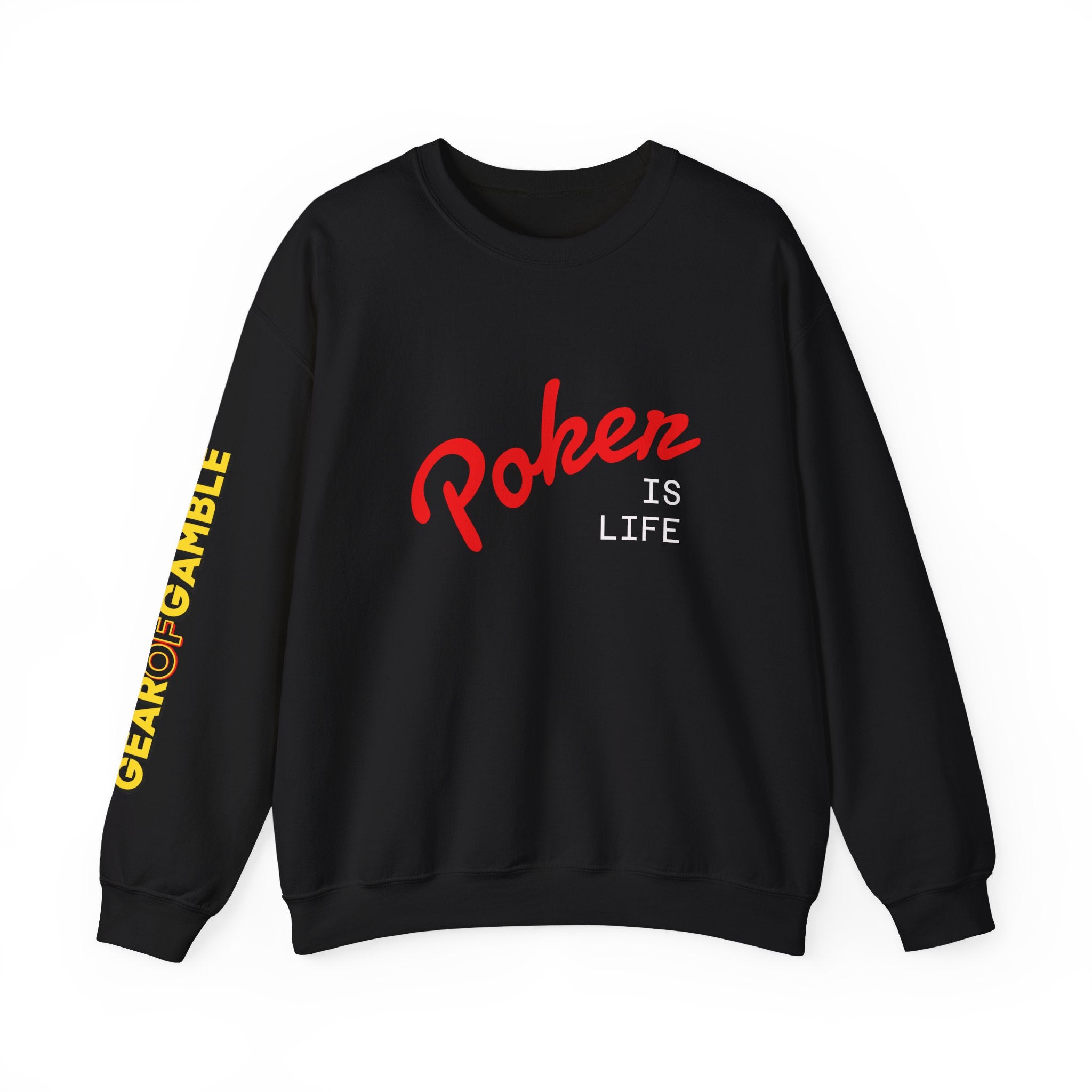Dark Crewneck Sweatshirt - 'Poker Is Life' Graphic with Sleeve 'Clear to Gamble' Accent