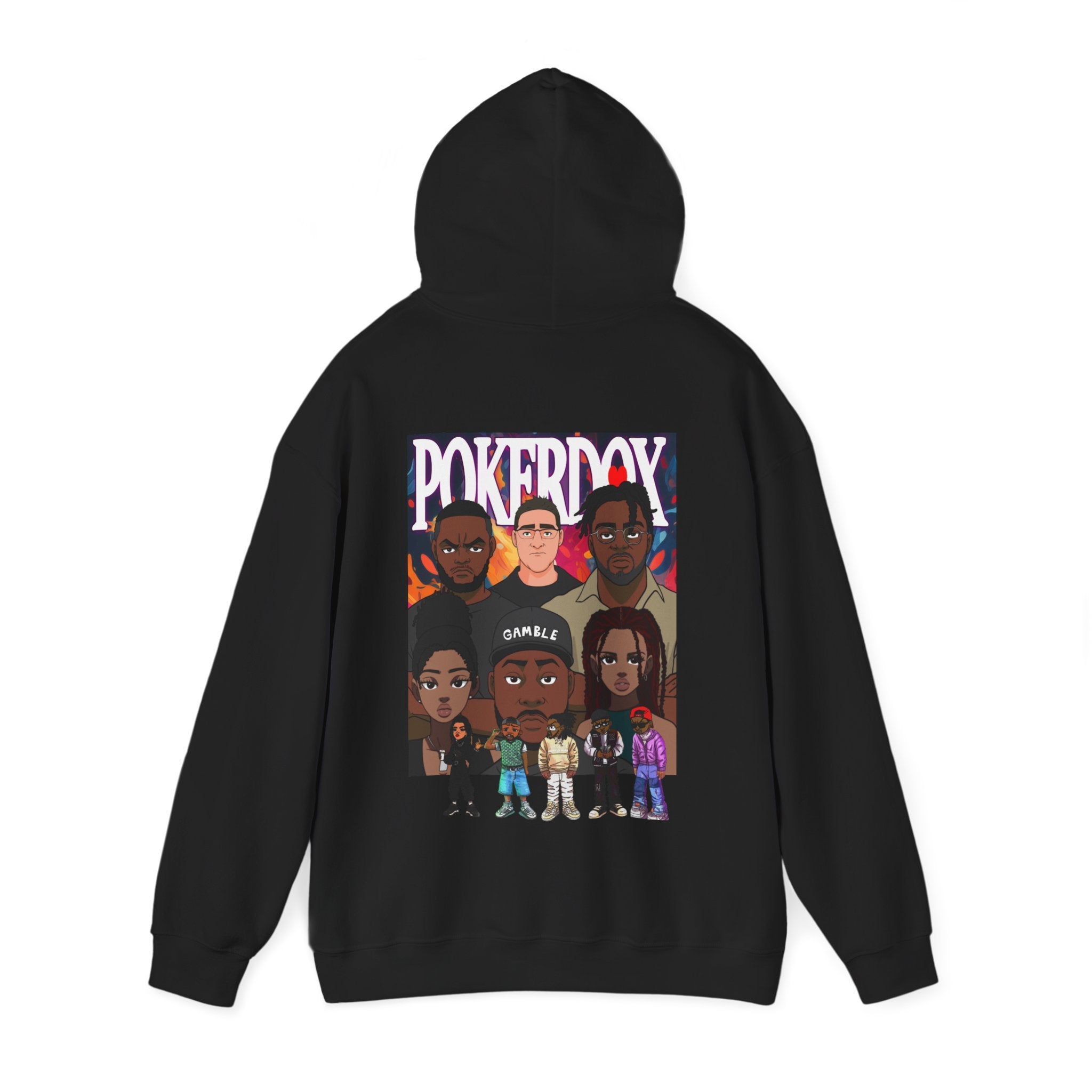 Pokerdox Crew Hoodie – Urban Graphic Hoodie Featuring Pokerdox Logo & Character Collage