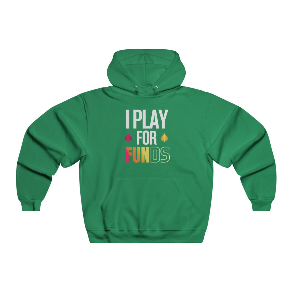 Green poker hoodie with a full-zip front, featuring bold “I Play for Funds” design. Made from a soft, durable fabric with an adjustable hood and spacious front pockets. Perfect poker apparel for tournament players, cash game grinders, and casual poker enthusiasts looking to showcase their love for the game.