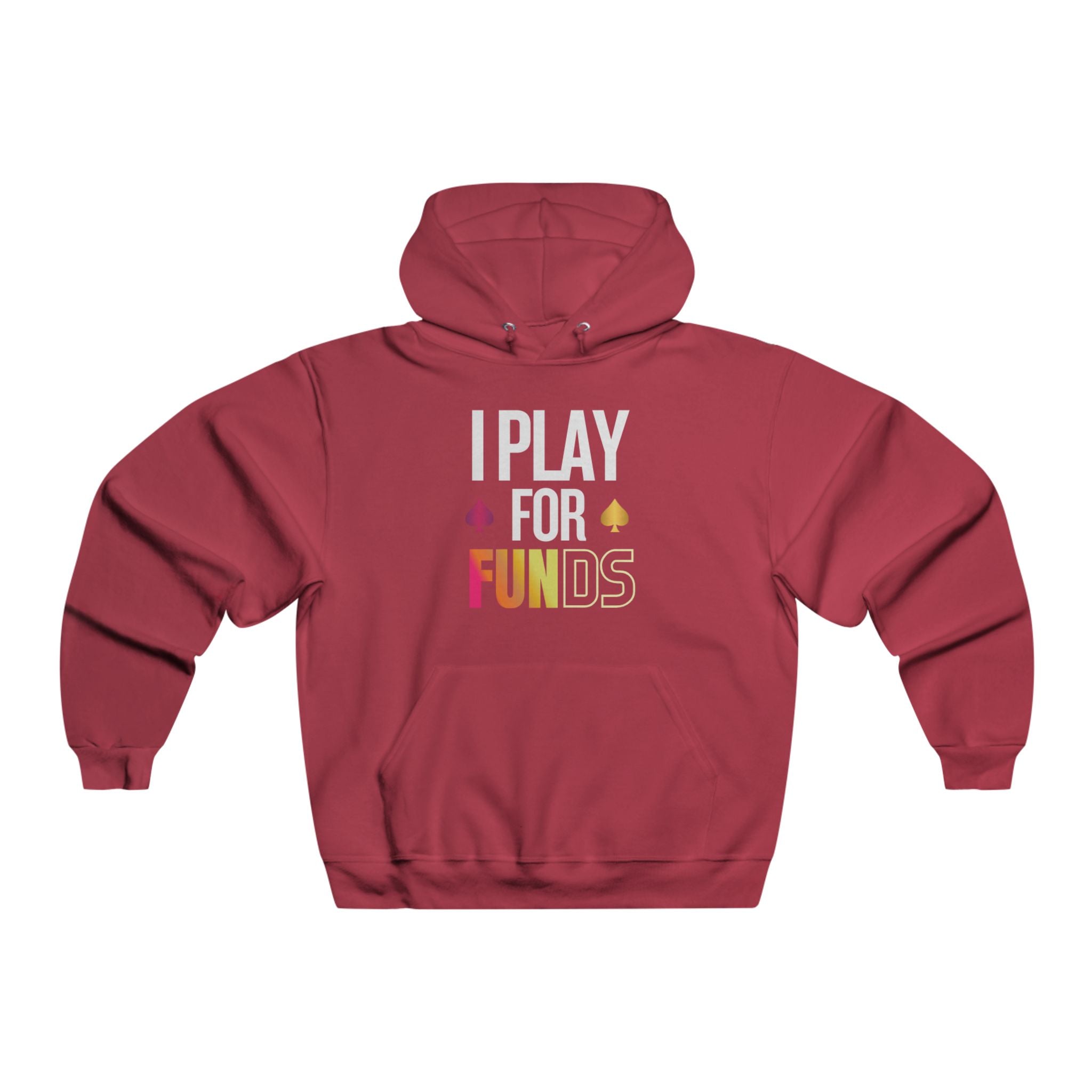 Red poker hoodie with a full-zip front, featuring bold “I Play for Funds” design. Made from a soft, durable fabric with an adjustable hood and spacious front pockets. Perfect poker apparel for tournament players, cash game grinders, and casual poker enthusiasts looking to showcase their love for the game.