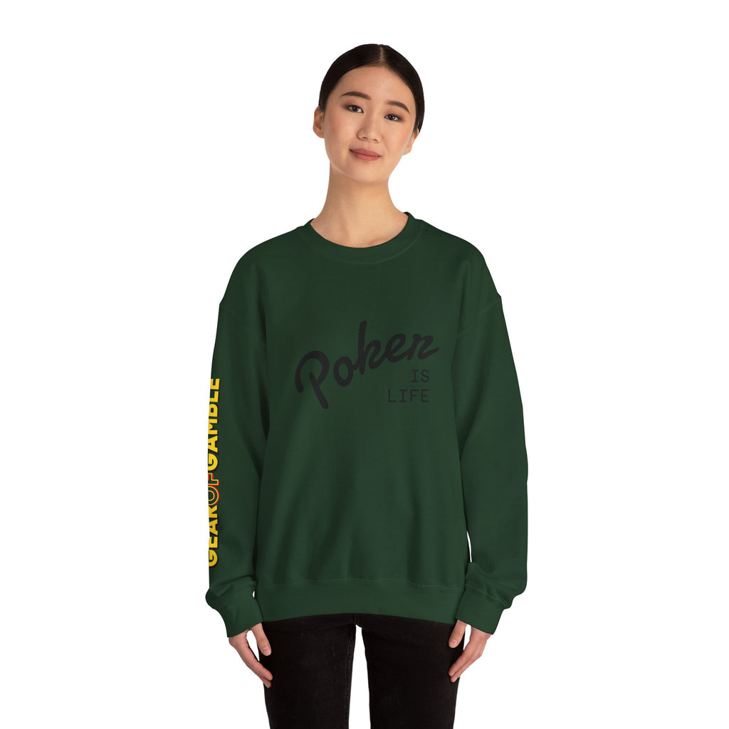 Crewneck Sweatshirt - 'Poker Is Life' Graphic with Sleeve 'Clear to Gamble' Accent