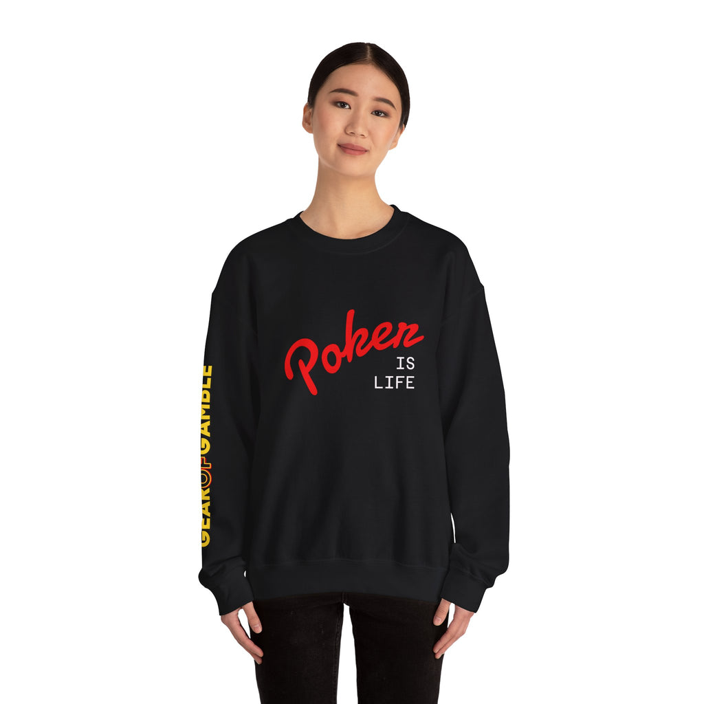 Dark Crewneck Sweatshirt - 'Poker Is Life' Graphic with Sleeve 'Clear to Gamble' Accent