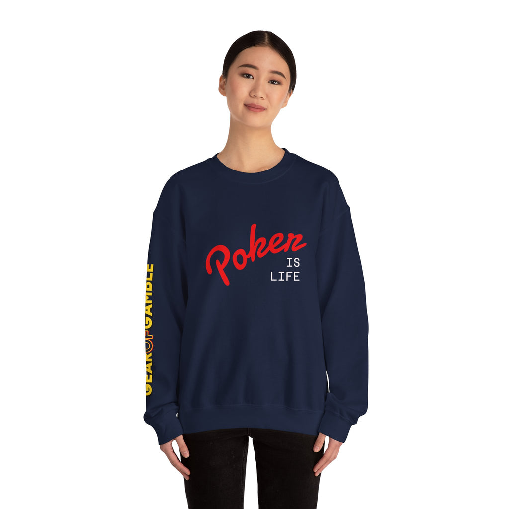 Dark Crewneck Sweatshirt - 'Poker Is Life' Graphic with Sleeve 'Clear to Gamble' Accent