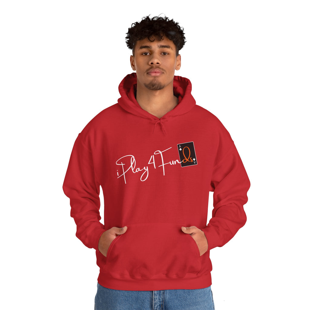 Red iPlay4Funds Poker apparel Hoodie featuring the iconic ‘iPlay4Funds’ logo on the chest. Crafted from a cotton-polyester blend.