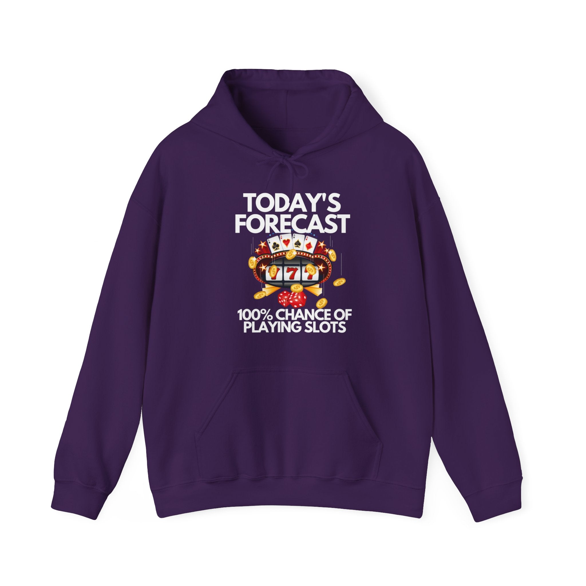 purple Slot Machine graphic hoodie featuring Today’s Forecast Light design, made from a soft cotton/polyester blend, ideal poker apparel for players