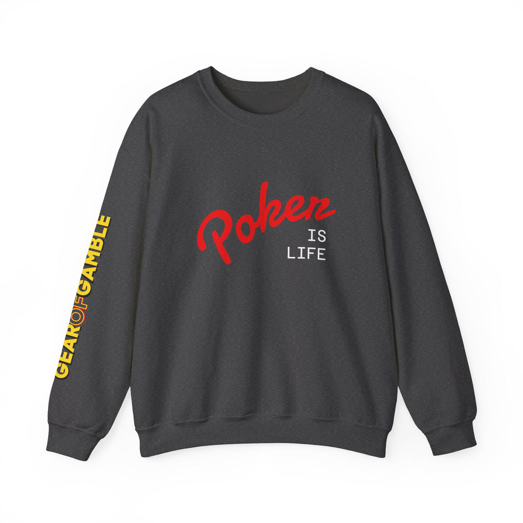 Dark Crewneck Sweatshirt - 'Poker Is Life' Graphic with Sleeve 'Clear to Gamble' Accent