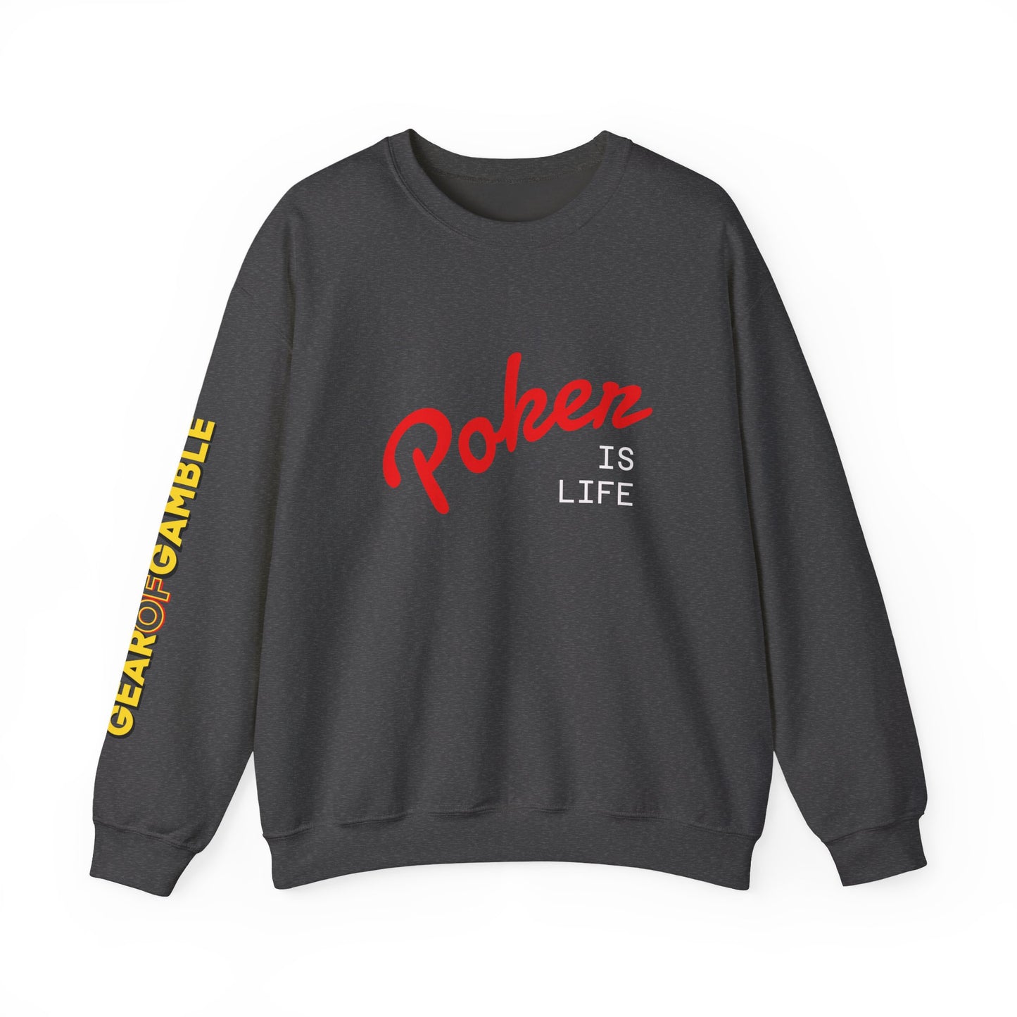 Dark Crewneck Sweatshirt - 'Poker Is Life' Graphic with Sleeve 'Clear to Gamble' Accent