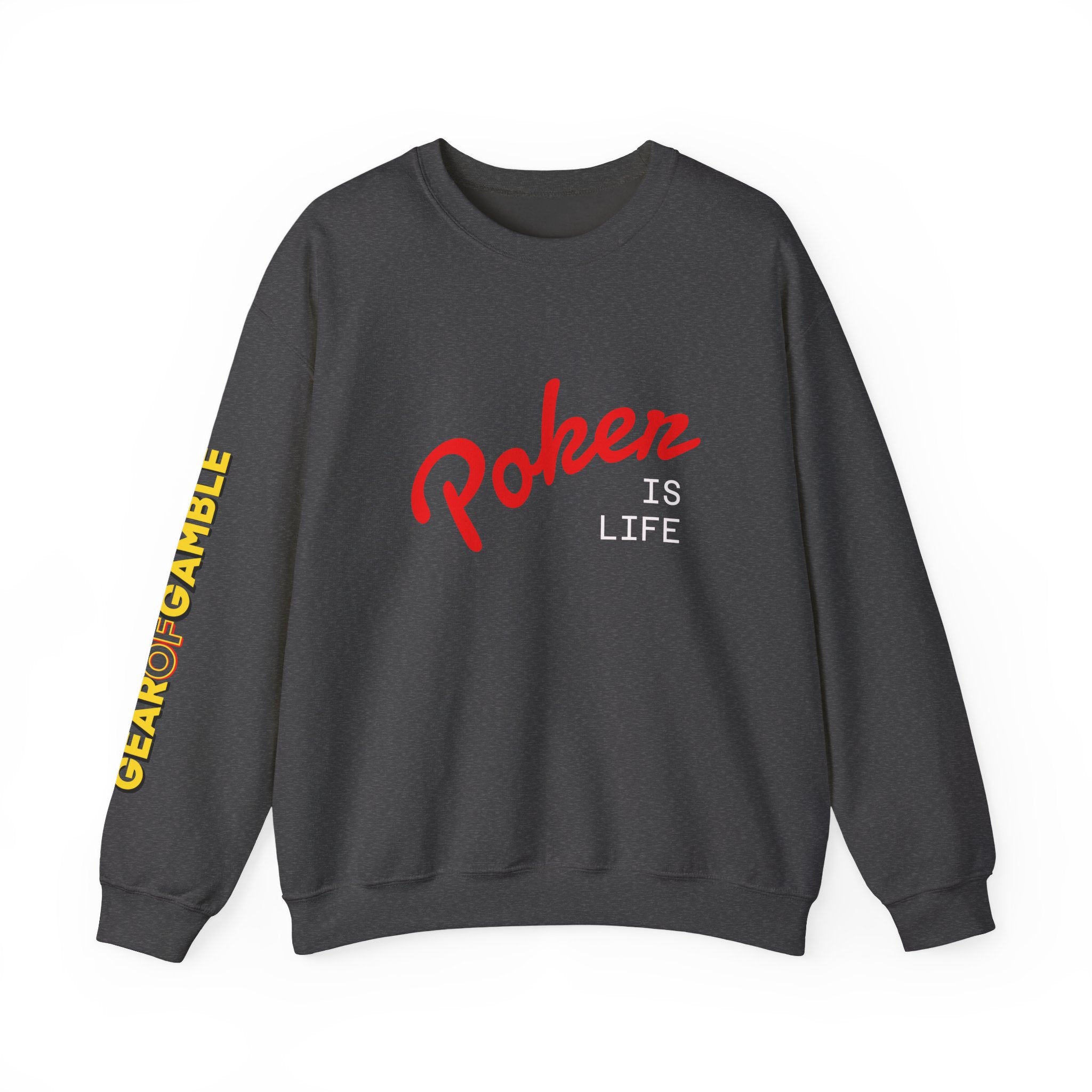 Dark Crewneck Sweatshirt - 'Poker Is Life' Graphic with Sleeve 'Clear to Gamble' Accent
