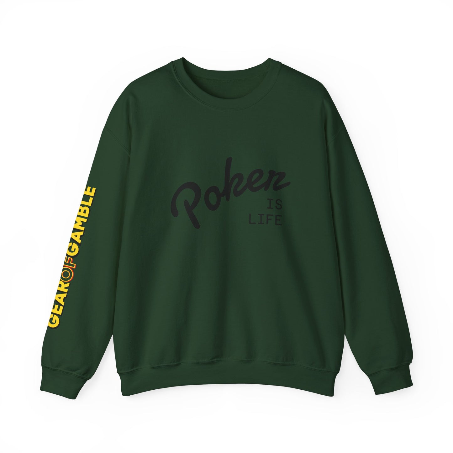 Crewneck Sweatshirt - 'Poker Is Life' Graphic with Sleeve 'Clear to Gamble' Accent