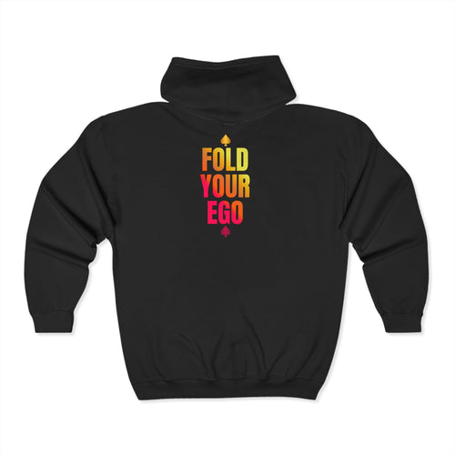 Backside of Black poker hoodie with a full-zip front, featuring bold “ Fold Your Ego” design on . Made from a soft, durable fabric with an adjustable hood and spacious front pockets. Perfect poker apparel for tournament players, cash game grinders, and casual poker enthusiasts looking to showcase their love for the game.