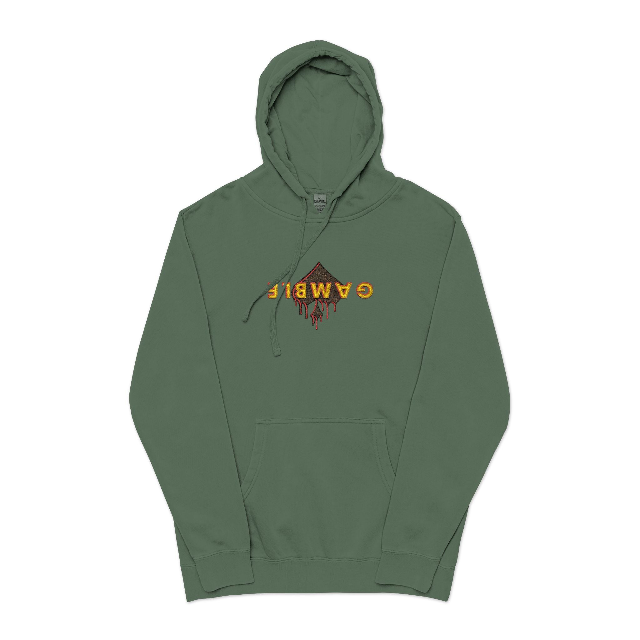 Embroidered Gamble Drip Vintage Green Hoodie — Floral 'Fiero' Distressed Logo