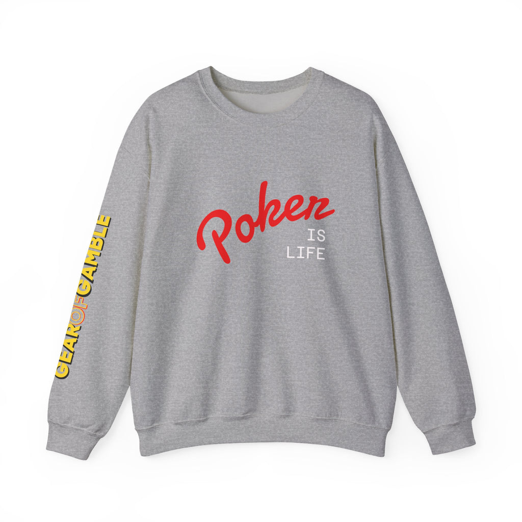Dark Crewneck Sweatshirt - 'Poker Is Life' Graphic with Sleeve 'Clear to Gamble' Accent