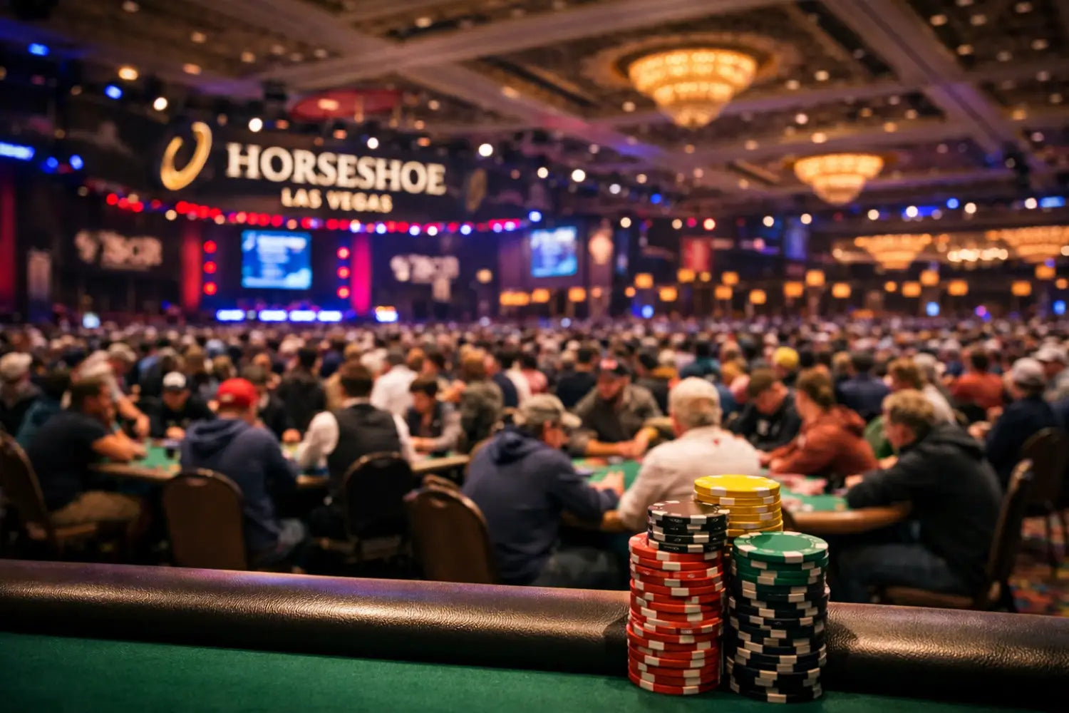Crowded poker tournament floor at Horseshoe Las Vegas during a WSOPC event.
