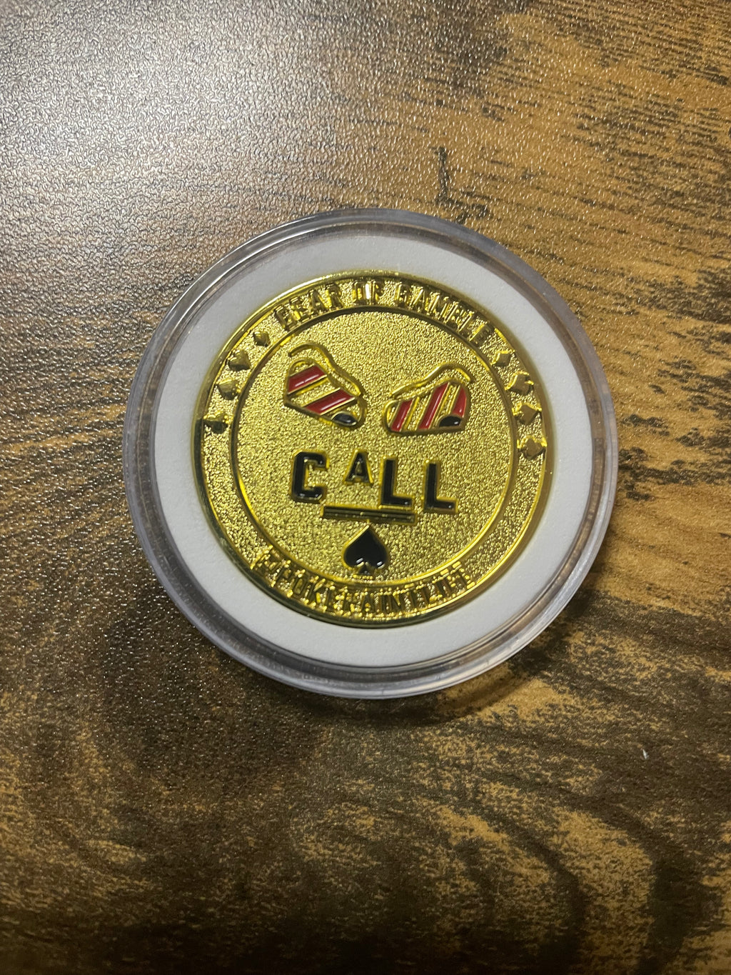 Premium metal poker card protector with ‘Call’ art on side. Designed for poker enthusiasts who value both security and style for their cards. A must-have poker accessory for strategic players