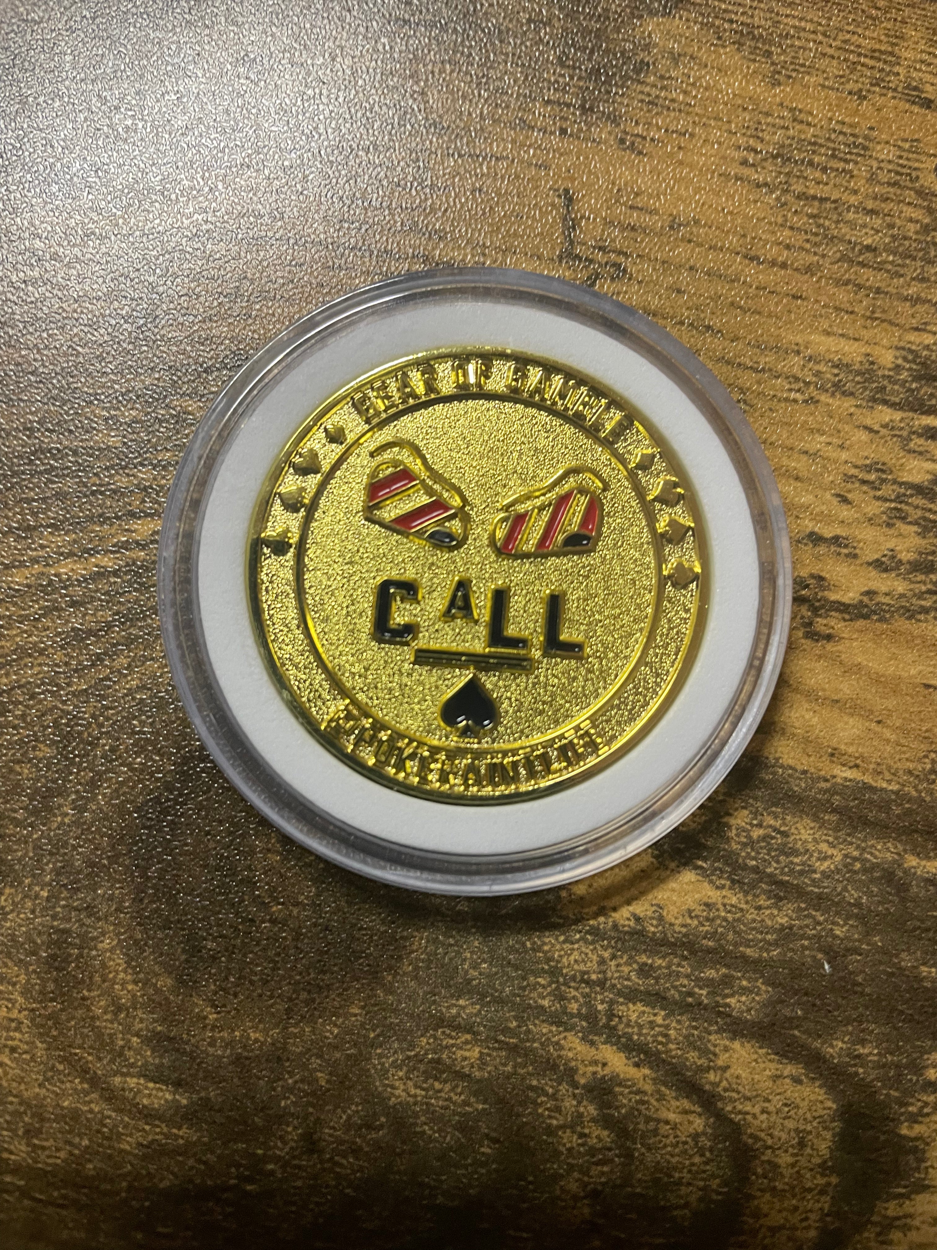 Premium metal poker card protector with ‘Call’ art on side. Designed for poker enthusiasts who value both security and style for their cards. A must-have poker accessory for strategic players