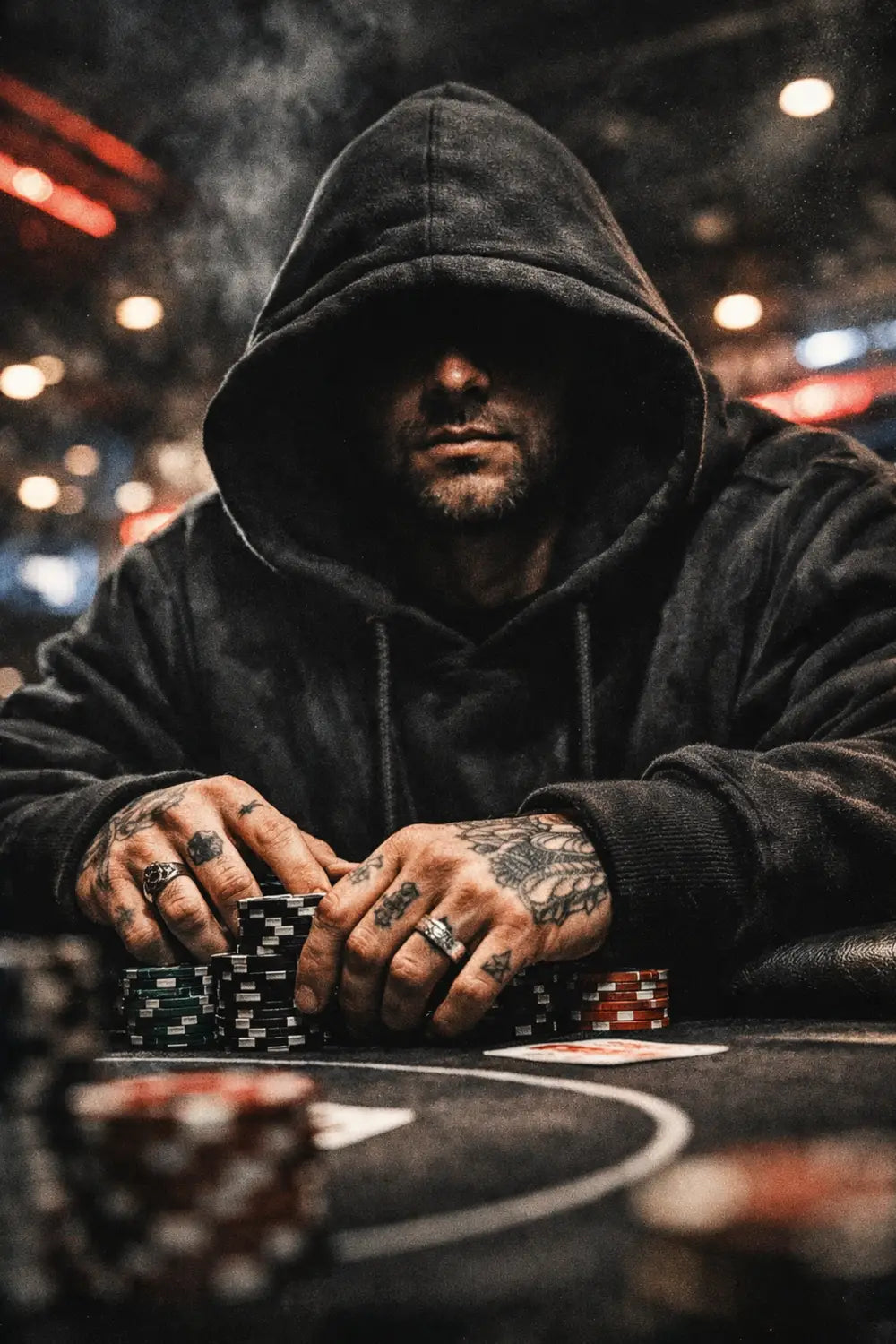 Poker player in a black streetwear hoodie sitting at a high-stakes Vegas table.