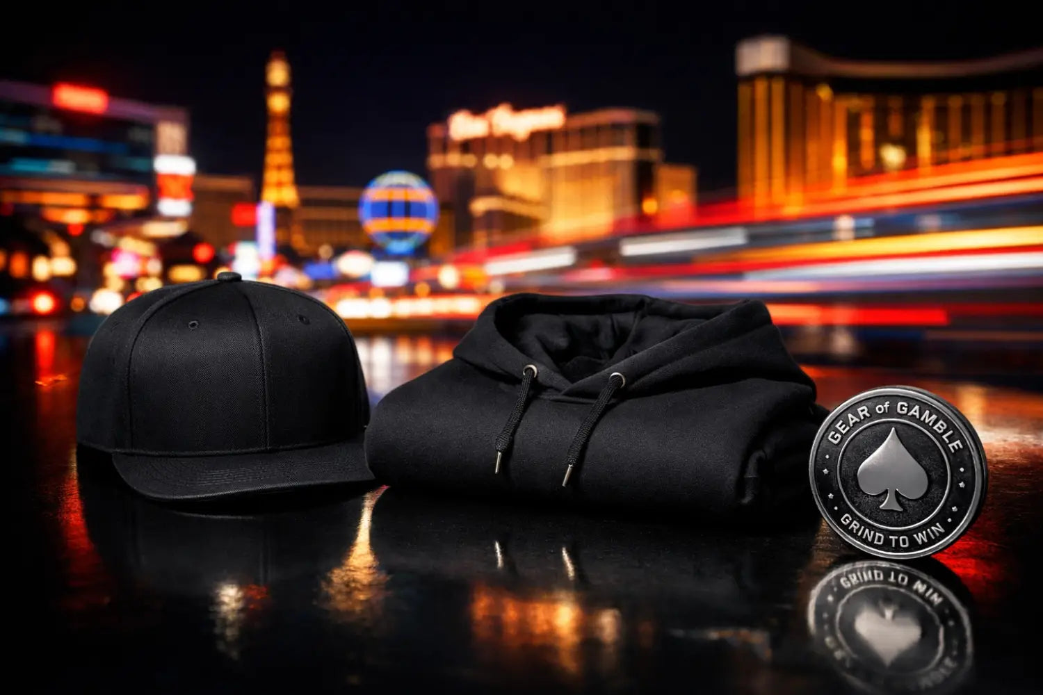 Essential poker streetwear gear including a black hoodie and card protector coin.