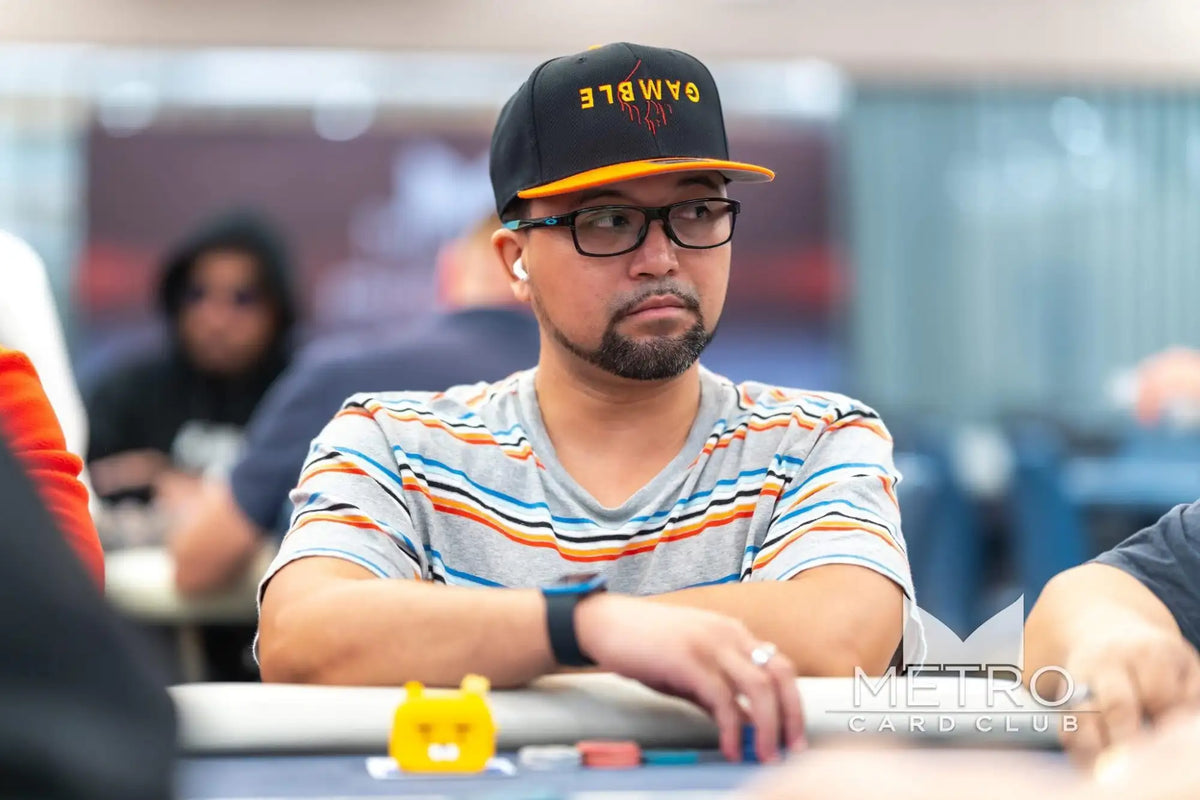 Black and yellow baseball cap with ’gamble’ embroidered in orange letters across the front.