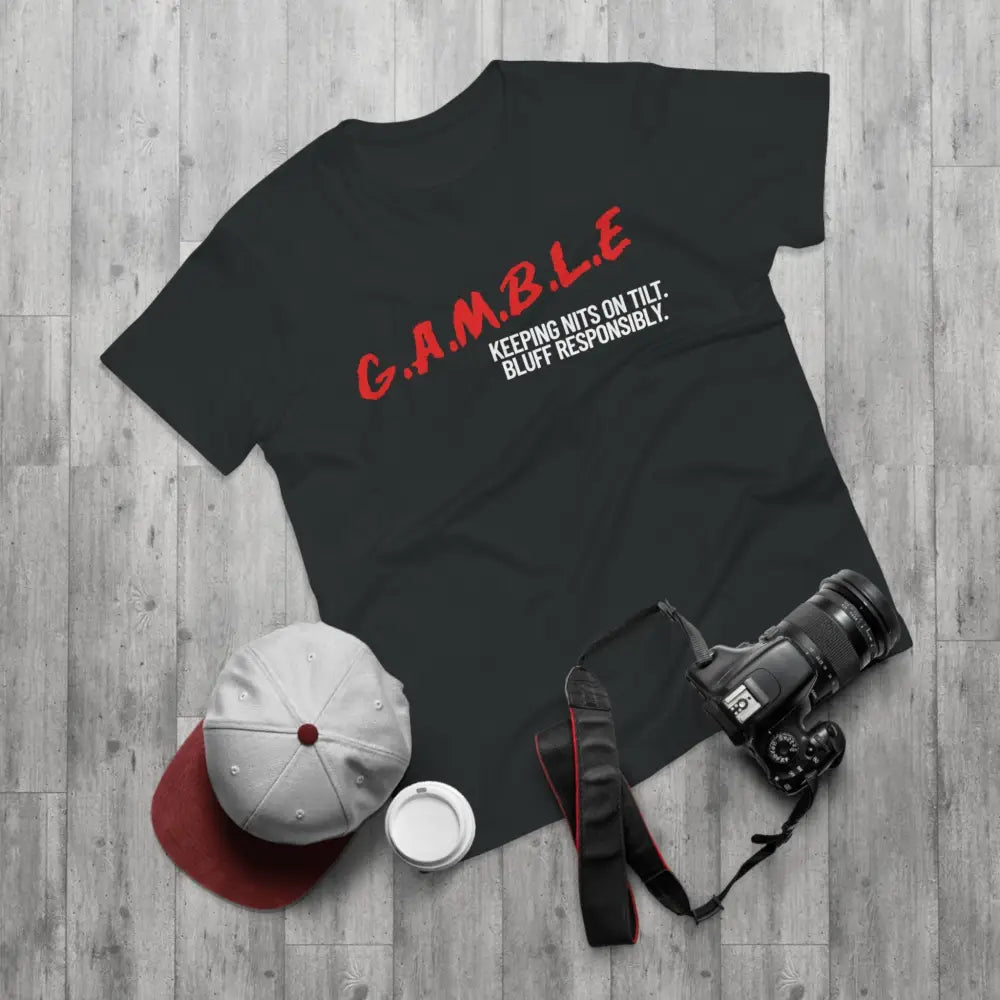 Bold "Bluff Responsibly, Keeping Nits on Tilt" gambling t-shirt – funny poker shirt for casino enthusiasts and streetwear fans.