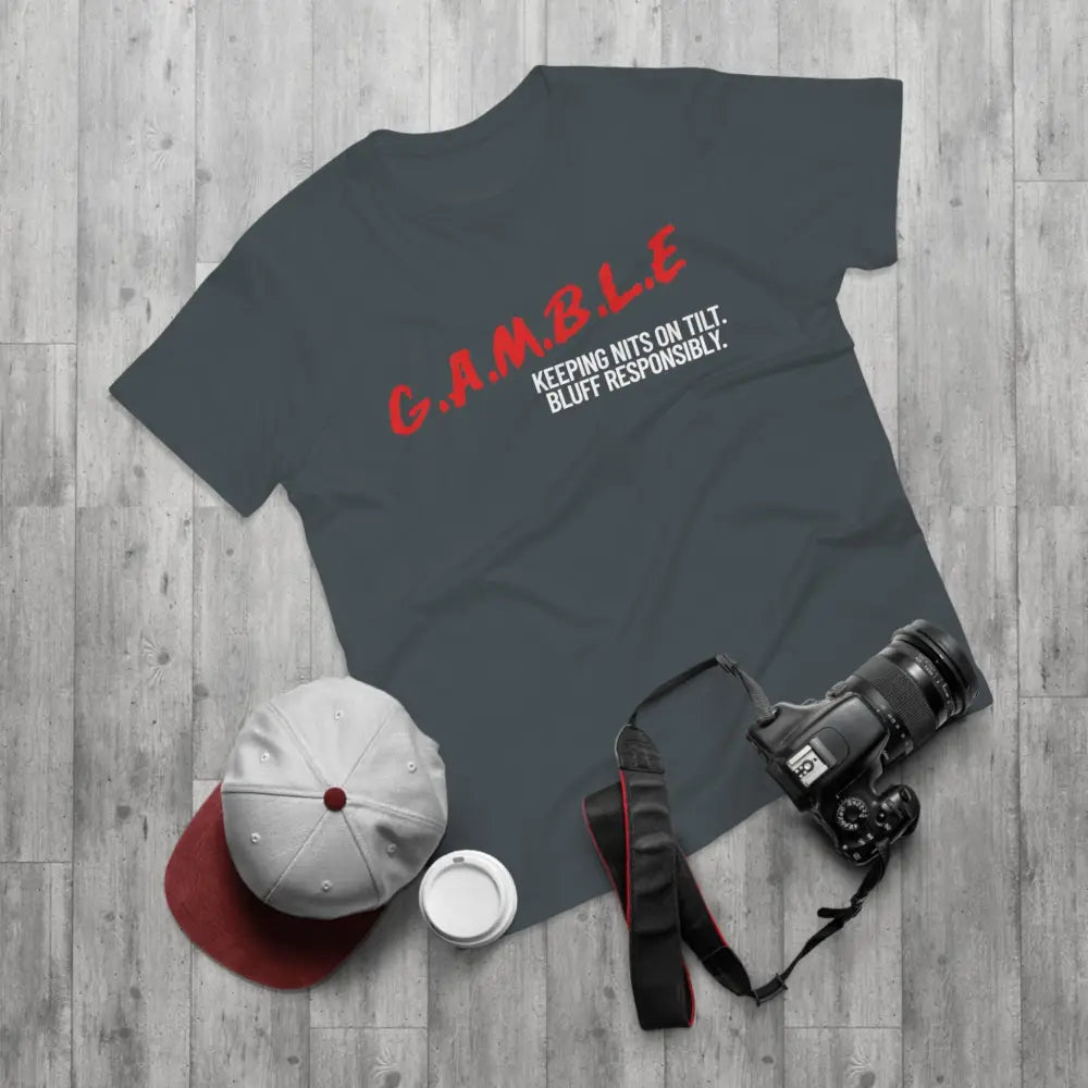 Bold "Bluff Responsibly, Keeping Nits on Tilt" gambling t-shirt – funny poker shirt for casino enthusiasts and streetwear fans.