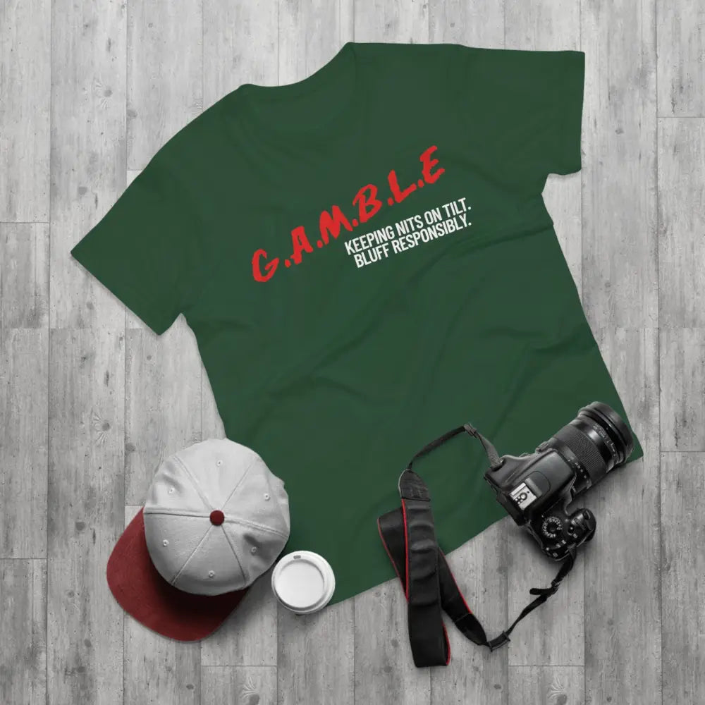 Bold "Bluff Responsibly, Keeping Nits on Tilt" gambling t-shirt – funny poker shirt for casino enthusiasts and streetwear fans.