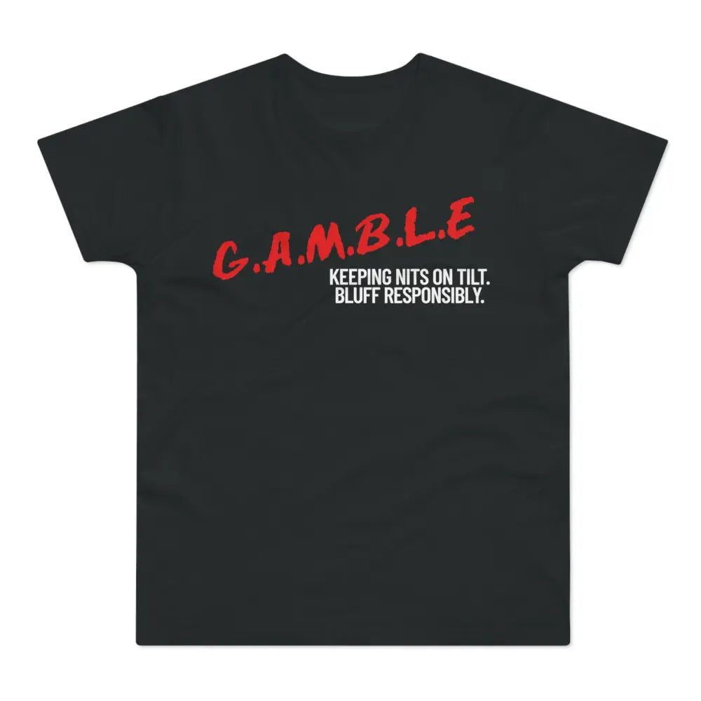 Bold "Bluff Responsibly" gambling t-shirt – funny poker shirt for casino enthusiasts and streetwear fans.