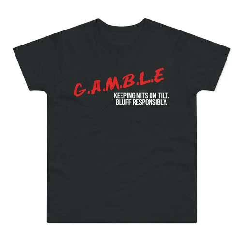 Bold "Bluff Responsibly" gambling t-shirt – funny poker shirt for casino enthusiasts and streetwear fans.