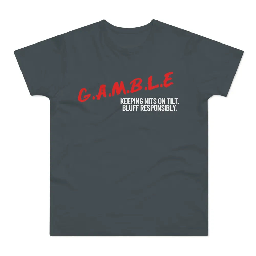 Bold "Bluff Responsibly" gambling t-shirt – funny poker shirt for casino enthusiasts and streetwear fans.