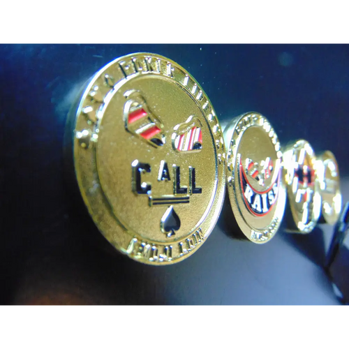 Premium metal poker card protector with ‘Call’ and ‘Raise’ art on each side. Ideal for poker players who want to secure their cards with a stylish and functional accessory. Must-have for serious card sharks