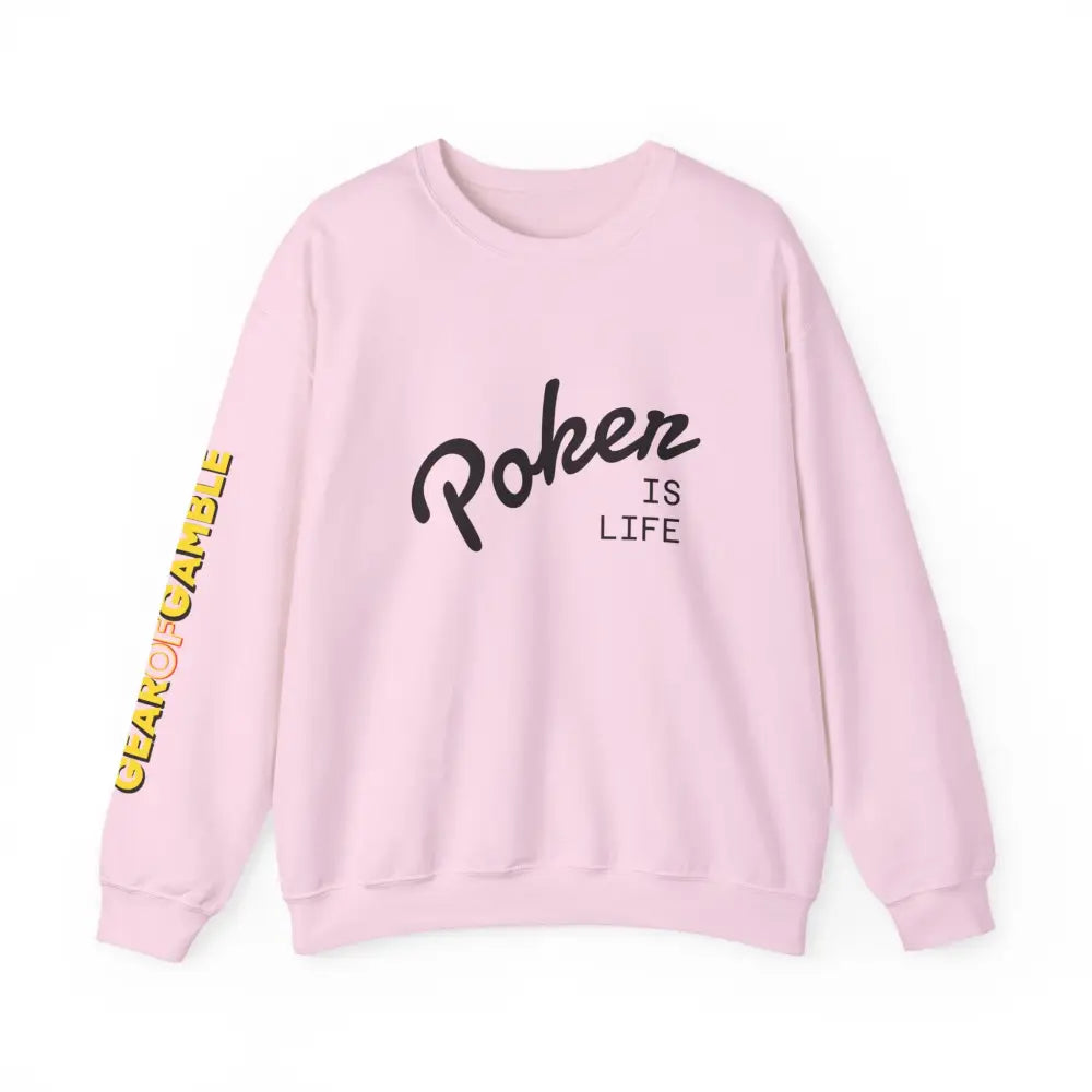 Crewneck Sweatshirt - ’Poker Is Life’ Graphic with Sleeve ’Clear to Gamble’ Accent - Light Pink / S - Sweatshirt