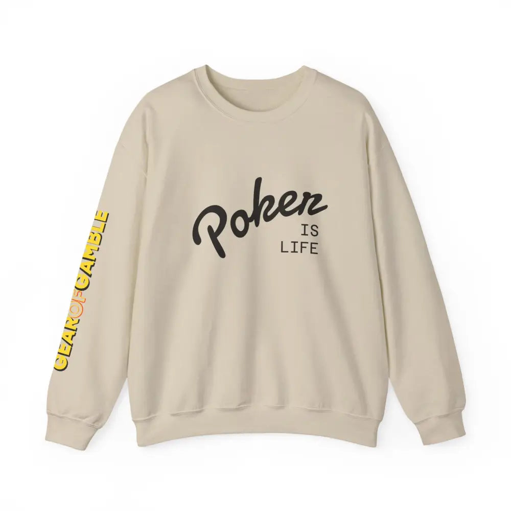 Crewneck Sweatshirt - ’Poker Is Life’ Graphic with Sleeve ’Clear to Gamble’ Accent - Sand / S - Sweatshirt