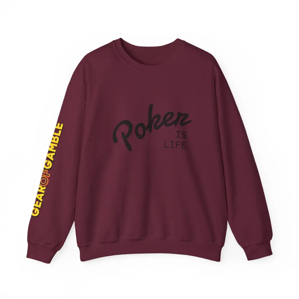 Crewneck Sweatshirt - ’Poker Is Life’ Graphic with Sleeve ’Clear to Gamble’ Accent - Maroon / S - Sweatshirt