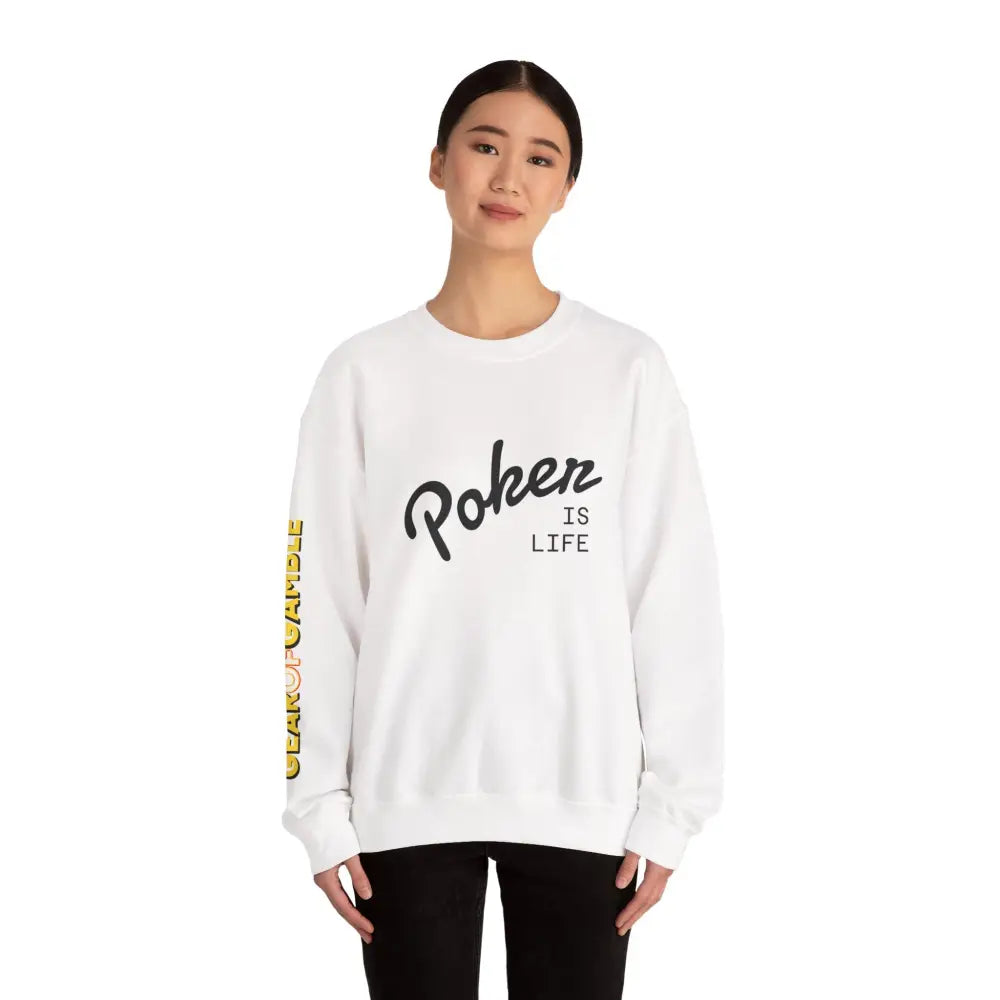 Crewneck Sweatshirt - ’Poker Is Life’ Graphic with Sleeve ’Clear to Gamble’ Accent - Sweatshirt